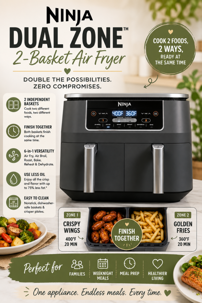 Promotional graphic for the Ninja Dual Zone 2-Basket Air Fryer featuring a black dual-basket air fryer on a kitchen counter with text highlighting features like cooking two foods two ways, easy cleanup, less oil use, and synchronized cooking. Food images include crispy chicken wings, fries, vegetables, and salmon, with a warm neutral kitchen background in olive green and beige tones.