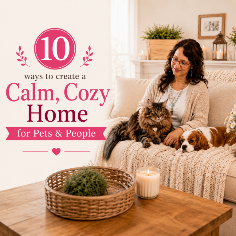 Cozy living room with warm lighting, peaceful décor, woman relaxing with cat in a calm cozy home for pets and people.