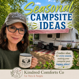 Woman wearing a "Happy Camper" hat and holding an adventure mug in front of a seasonal campsite with a travel trailer, outdoor seating, and a "Seasonal Campsite Ideas" banner.