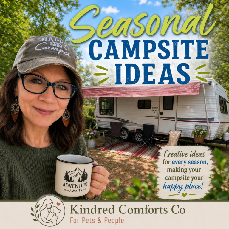 Woman wearing a "Happy Camper" hat and holding an adventure mug in front of a seasonal campsite with a travel trailer, outdoor seating, and a "Seasonal Campsite Ideas" banner.