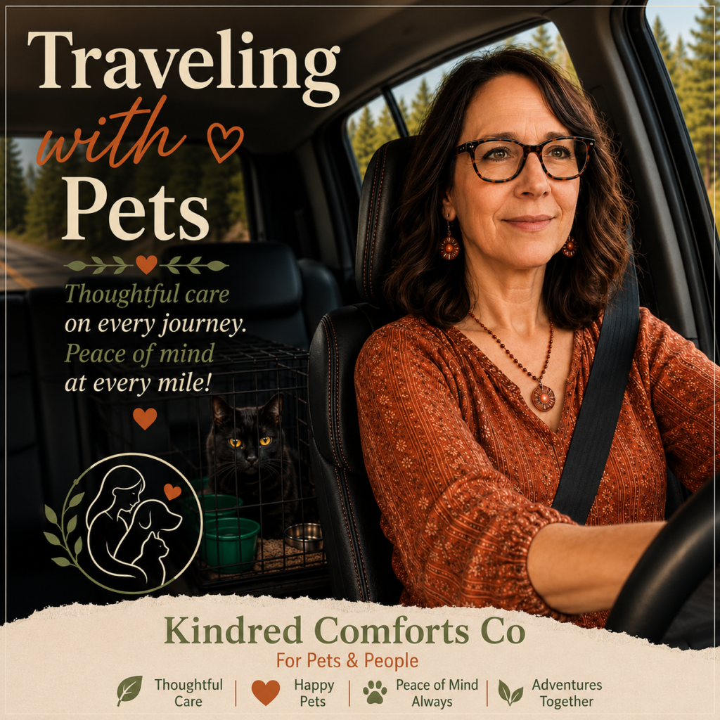 A cozy “Traveling with Pets” blog graphic featuring a woman with dark shoulder-length hair and glasses beside a Blenheim Cavalier King Charles Spaniel and a dark brown cat, set against a warm outdoor travel-inspired background with the phrase “Make every journey cozy, calm & unforgettable.”
