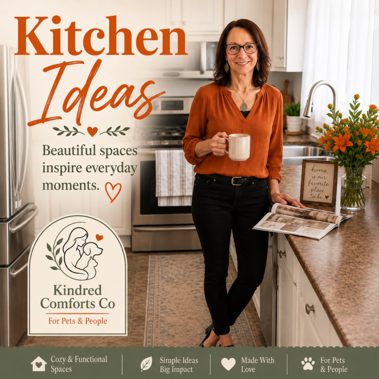 Kitchen Ideas Pinterest-style graphic featuring a smiling woman in a cozy modern kitchen holding a coffee mug, with warm orange décor accents, inspirational kitchen styling, and Kindred Comforts Co branding for pets and people.