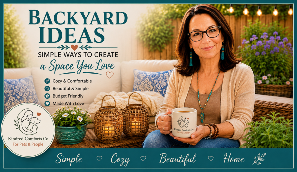Cozy backyard patio scene featuring a woman holding a coffee mug with the Kindred Comforts Co logo, surrounded by wicker lanterns, soft cushions, flowers, and warm string lights. Inspirational text reads “Backyard Ideas – Simple Ways to Create a Space You Love” with phrases “Simple • Cozy • Beautiful • Home” in calming teal and cream tones.