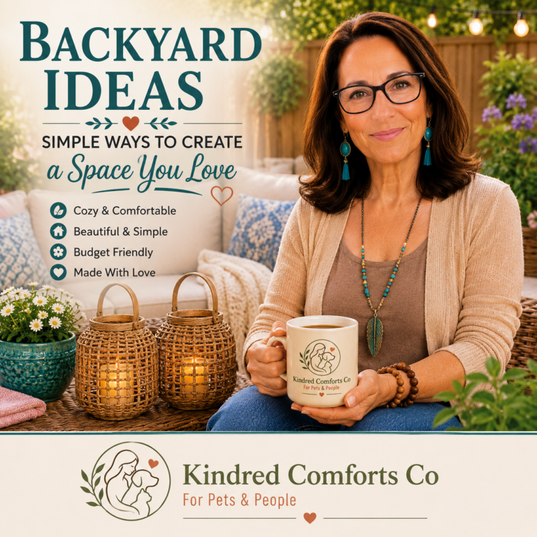 Woman relaxing on a cozy backyard patio while holding a Kindred Comforts Co. mug, surrounded by wicker furniture, lanterns, flowering plants, and warm string lights. The graphic features the title "Backyard Ideas" with tips for creating a beautiful, budget-friendly outdoor living space.
