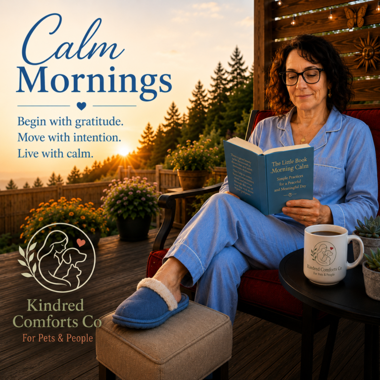 Woman in blue pajamas enjoys a peaceful sunrise on a cozy backyard deck while reading a book and sipping coffee from a Kindred Comforts Co. mug. The graphic features the title "Calm Mornings" with inspirational reminders to begin with gratitude, move with intention, and live with calm.