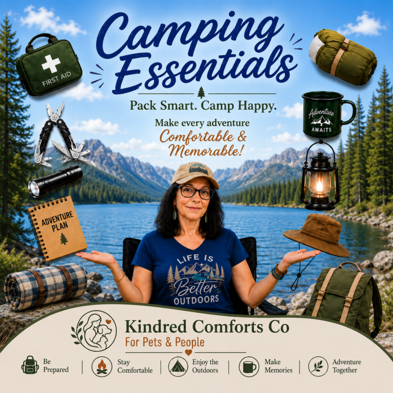 Camping essentials feature image showing a woman sitting beside a mountain lake surrounded by outdoor gear including a first aid kit, flashlight, camping lantern, blanket, backpack, coffee mug, multi-tool, sleeping bag, and adventure notebook. Text reads “Camping Essentials – Pack Smart. Camp Happy.” with Kindred Comforts Co branding and outdoor comfort themes.