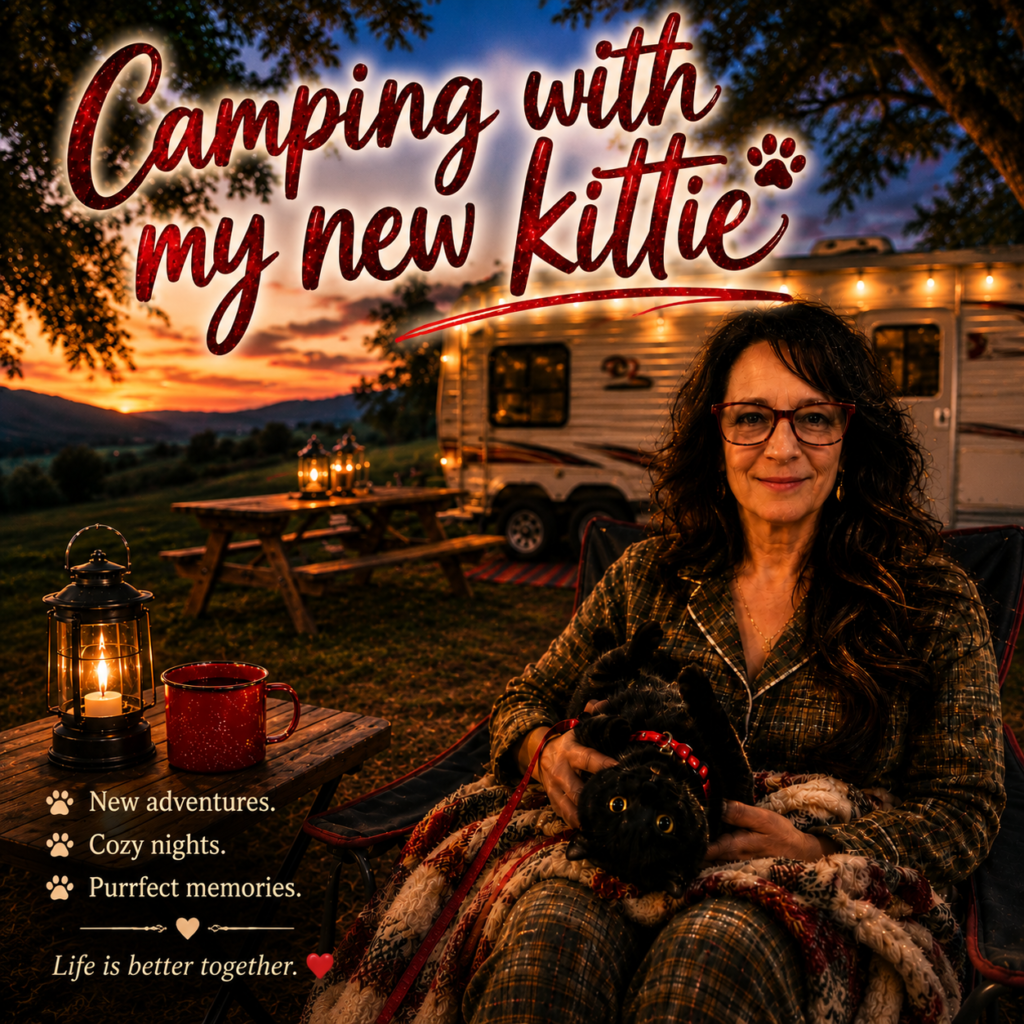 Woman relaxing beside a travel trailer at sunset while holding a small black kitten wrapped in a cozy blanket. A lantern glows on a wooden side table beside a red camping mug, with string lights illuminating the camper. Text reads "Camping with my new kittie."