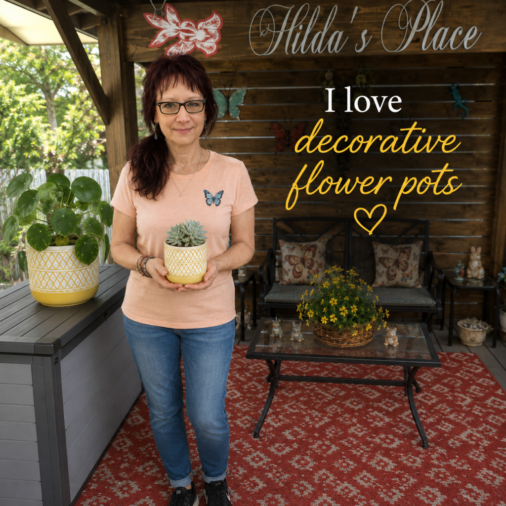 Rosemary stands in her cozy backyard gazebo, Hilda's Place, holding a decorative yellow flower pot with a succulent. She wears a peach T-shirt with a blue butterfly, blue jeans, dark glasses, and bracelets. A matching larger yellow planter sits on a deck box beside her, surrounded by comfortable seating, butterfly décor, and colorful flowers. The image includes the phrase, "I love decorative flower pots."