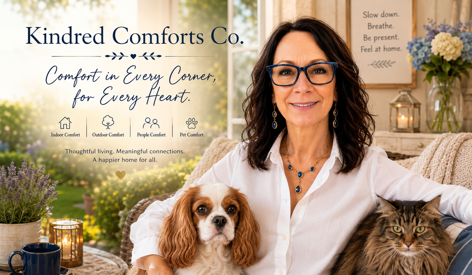 Rosemary is relaxing with her Cavalier King Charles Spaniel and Norwegian Forest cat in a warm and elegant indoor-outdoor living space while welcoming visitors to Kindred Comforts Co.