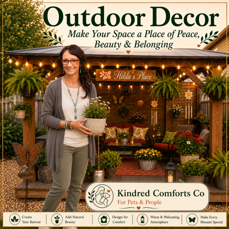 Woman standing in front of a beautifully decorated backyard gazebo called Hilda's Place, holding a flower pot and surrounded by lush plants, string lights, cozy seating, and outdoor décor accents.