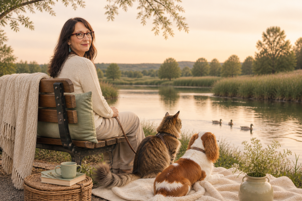 Peaceful outdoor scene with Rosemary, Brandy the Cavalier King Charles Spaniel, and Molly the Norwegian Forest Cat relaxing beside the water at sunset.