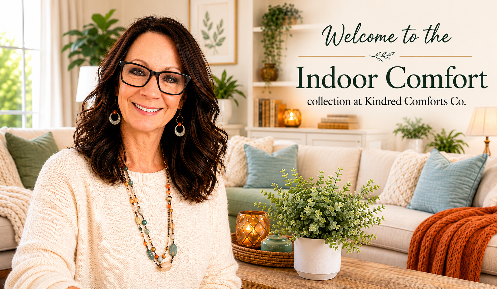 Rosemary is enjoying her cozy cream and sage green living room and happy to share about her Indoor Comforts collection at Kindred Comforts Co.