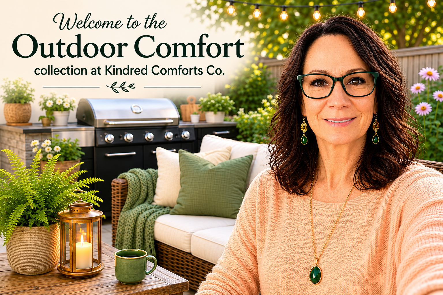 Rosemary is relaxing in a cozy outdoor patio space beside a barbecue and comfortable seating while welcoming visitors to the Outdoor Comfort collection at Kindred Comforts Co.