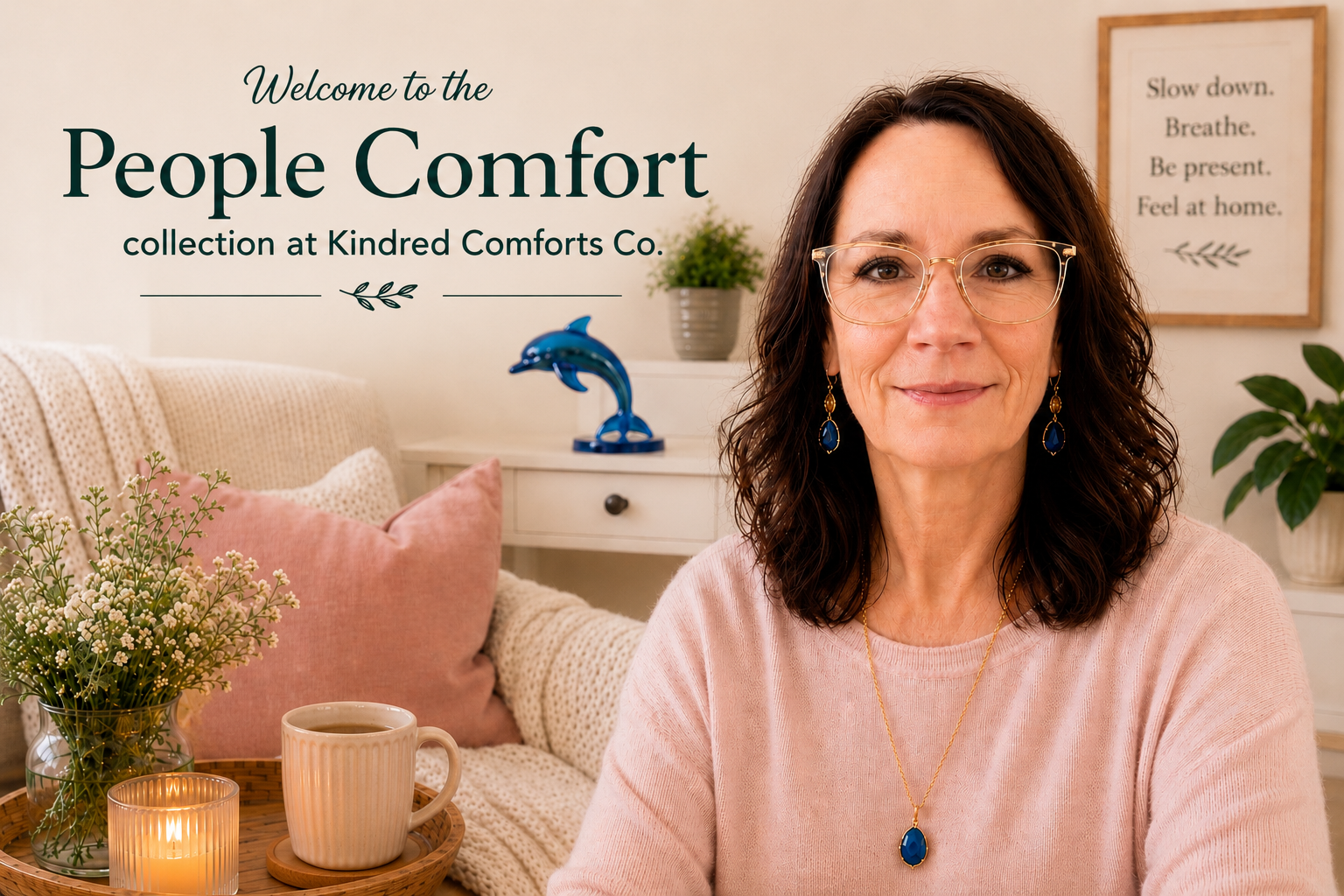 Rosemary is relaxing in a peaceful blush and cream living room while sharing the People Comfort collection at Kindred Comforts Co.