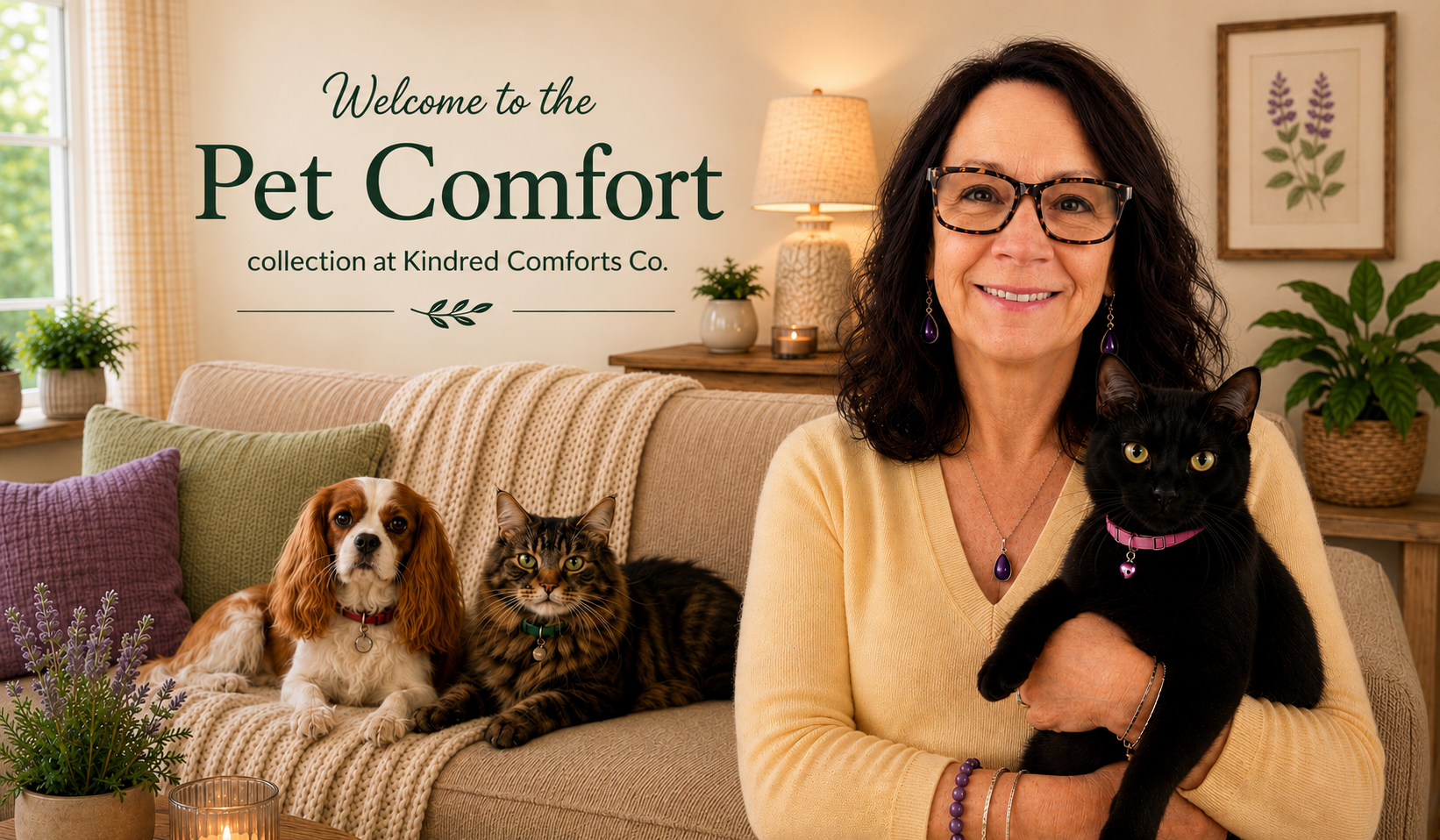 Rosemary is holding her black cat, Pebbles, in a warm and peaceful pet-friendly living room while Brandy, her Cavalier King Charles Spaniel and Molly, her Norwegian Forest cat relax nearby on the sofa, in front of the Pet Comfort collection header at Kindred Comforts Co.