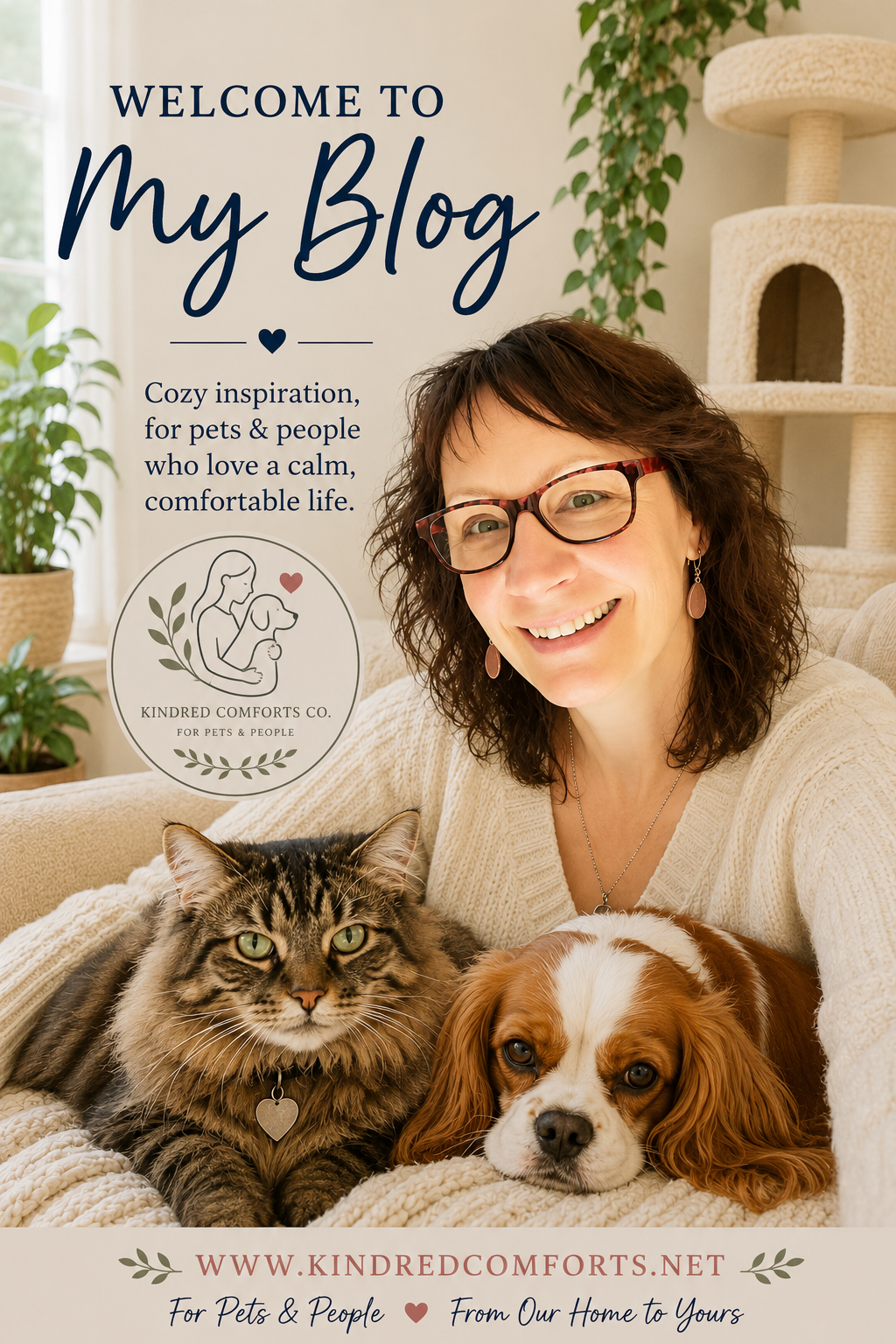 Cozy living room with Rosemary, Brandy the Cavalier King Charles Spaniel, and Molly the Norwegian Forest cat for Kindred Comforts Co blog