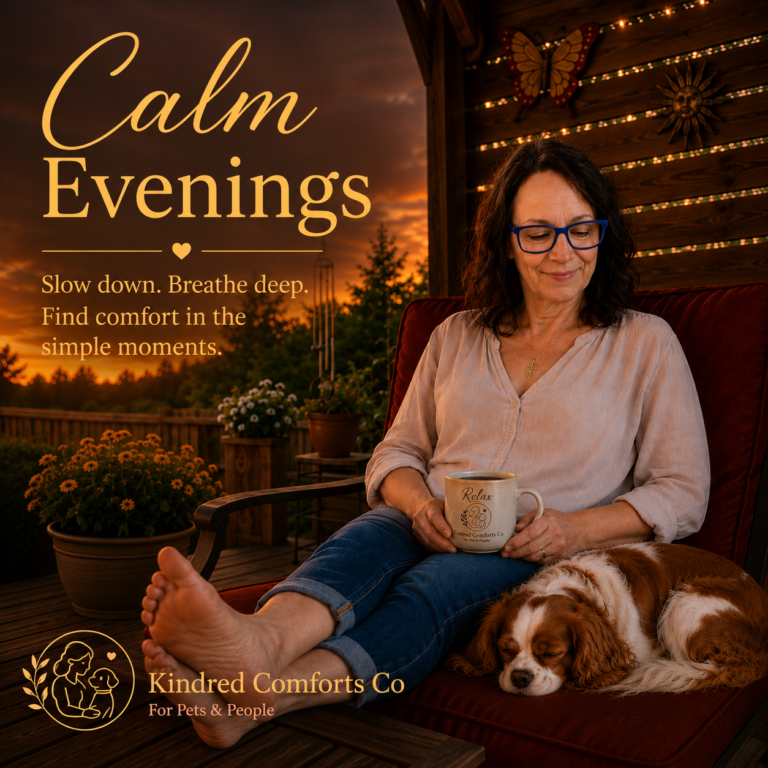 Woman relaxes on a cozy backyard deck at sunset with a mug of coffee while a Cavalier King Charles Spaniel sleeps beside her, surrounded by flowers, soft lighting, and the words "Calm Evenings."