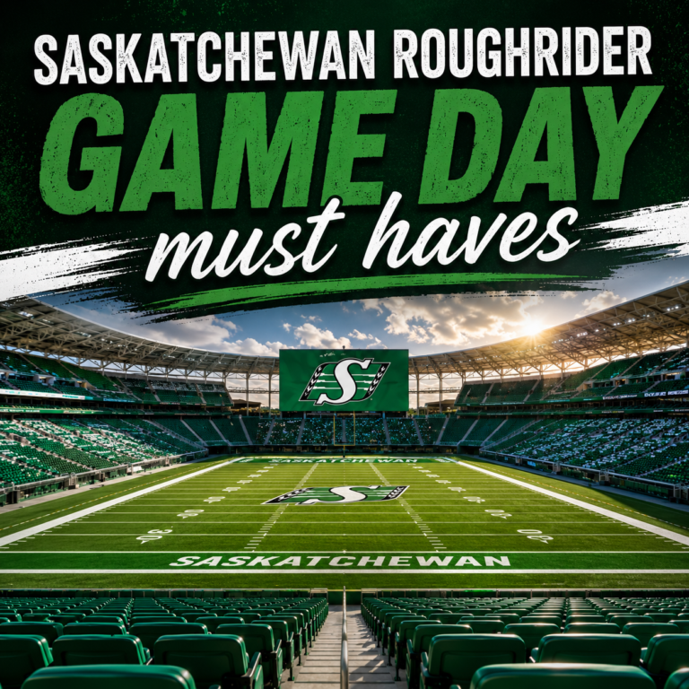 Promotional graphic featuring a packed Saskatchewan Roughriders football stadium with the team's logo displayed on the video board and midfield. Large green and white text reads "Saskatchewan Roughrider Game Day Must Haves" against a black textured background.