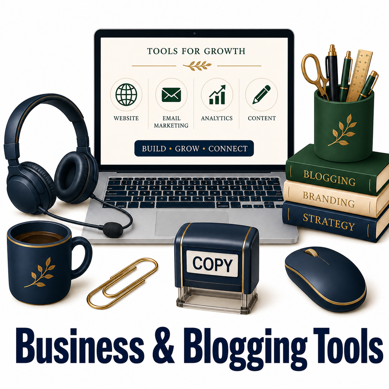 Business & Blogging Tools icon featuring a laptop displaying website, email marketing, analytics, and content tools, alongside a headset, coffee mug, copy stamp, paperclip, computer mouse, and stationery holder in navy, sage green, cream, and gold tones. Bold navy title "Business & Blogging Tools" appears at the bottom.