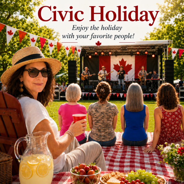 Woman in a sun hat and black sunglasses relaxes in a lawn chair with a red cup and lemonade beside her while four friends sit on a picnic blanket watching a live band perform at a festive Canadian Civic Holiday celebration.
