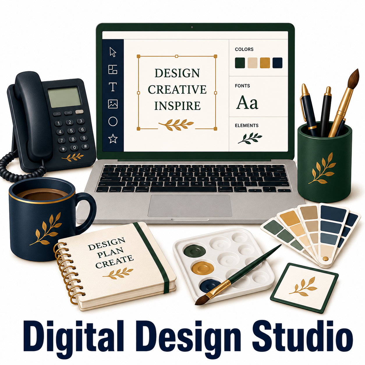 Digital Design Studio icon featuring a laptop with graphic design software, navy office telephone, navy coffee mug, green pen holder with designer pens and paintbrushes, color palette swatches, paint tray and brush, and a design notebook in navy, cream, sage green, and gold tones. Bold navy title "Digital Design Studio" appears at the bottom.