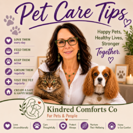 Kindred Comforts Co. Pet Care Tips graphic featuring the founder with a Norwegian Forest cat and a Blenheim Cavalier King Charles Spaniel. The infographic highlights essential pet care reminders including love, nutrition, exercise, grooming, veterinary care, and creating a safe, happy home, alongside the message "Happy Pets, Healthy Lives, Stronger Together."