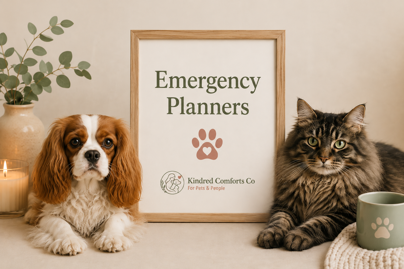 Emergency Planners promotional banner featuring a Blenheim Cavalier King Charles Spaniel and a Norwegian Forest cat beside a framed "Emergency Planners" sign with the Kindred Comforts Co. logo, set in a warm neutral home décor scene.