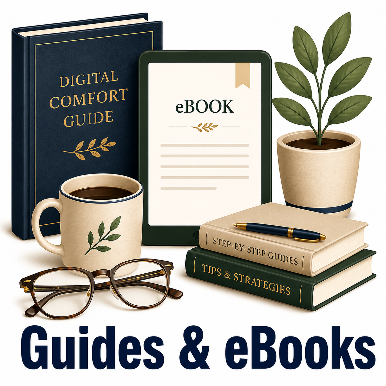 Guides & eBooks icon featuring a navy digital guide book, eBook displayed on a tablet, reading glasses, coffee mug, potted plant, stacked guidebooks, and pen in navy, sage green, cream, and gold tones. Bold navy title "Guides & eBooks" appears at the bottom.