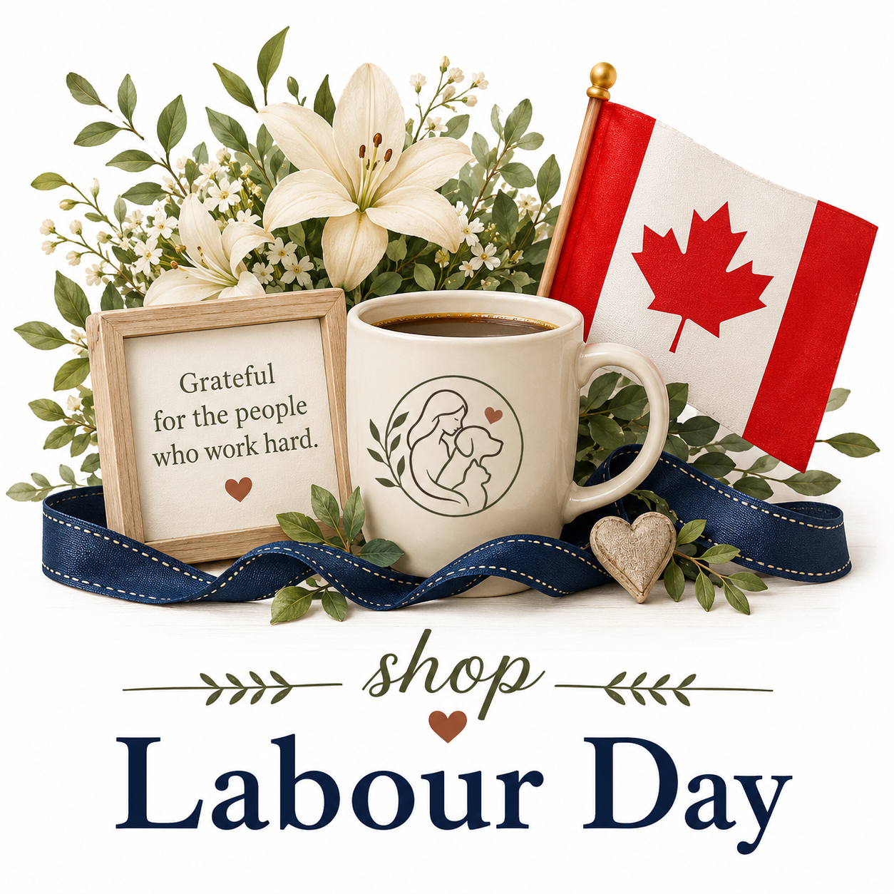 Labour Day-themed decorative graphic featuring a Canadian flag, white flowers, greenery, a Kindred Comforts Co. coffee mug, and a framed sign that reads "Grateful for the people who work hard." The design includes a navy ribbon and the words "shop Labour Day" on a clean white background.