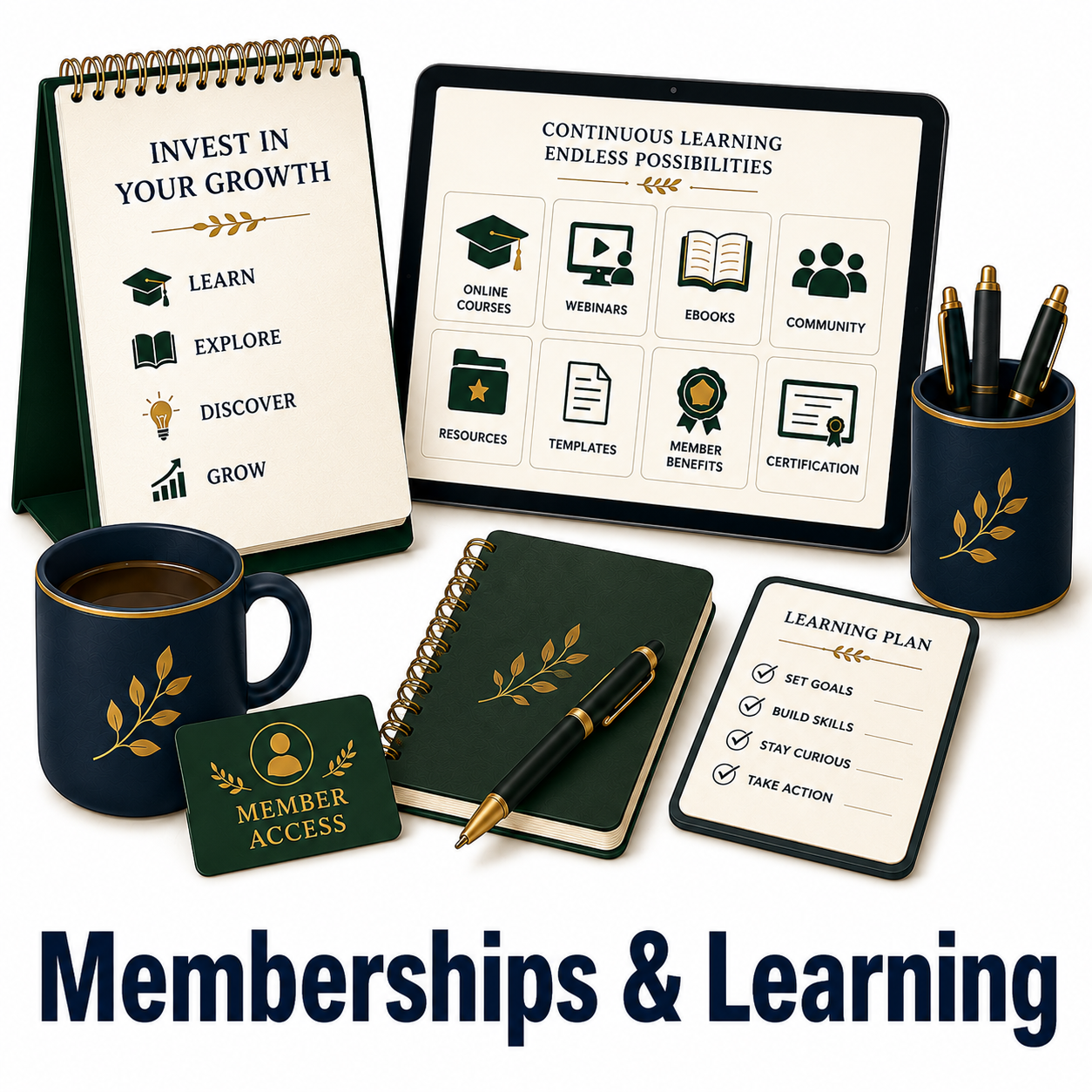 Memberships & Learning icon featuring an online learning dashboard displayed on a tablet, membership access card, learning planner, notebook, coffee mug, and pen holder in navy, sage green, cream, and gold tones. Bold navy title "Memberships & Learning" appears at the bottom.