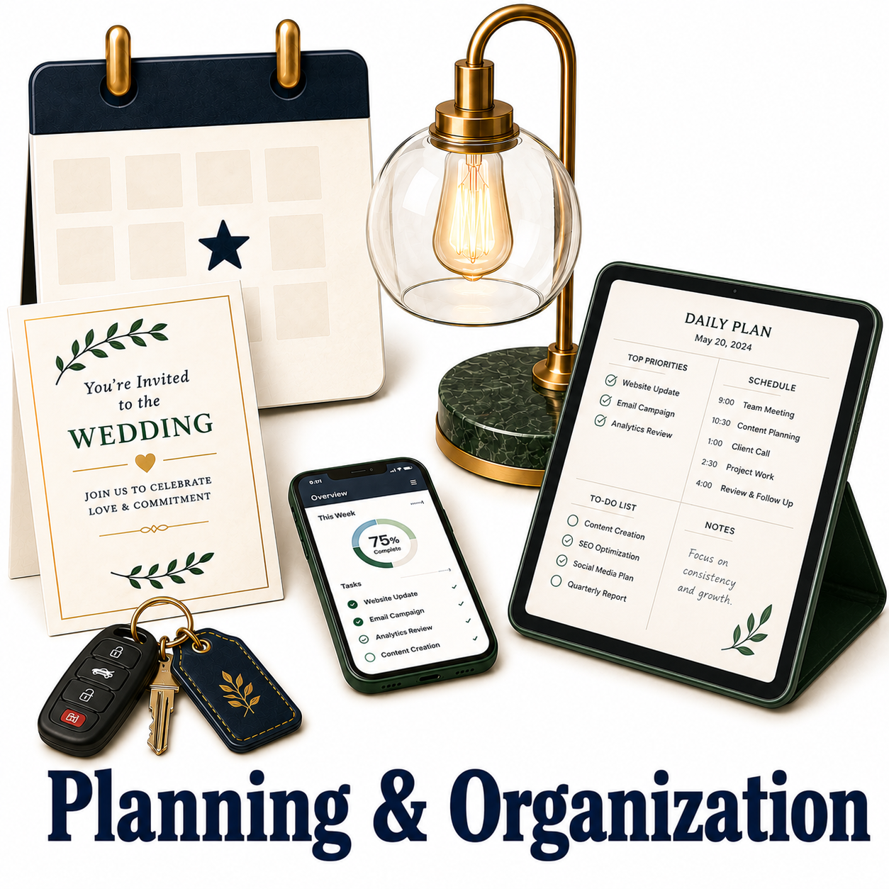Planning & Organization icon featuring a desktop calendar, elegant glass desk lamp, wedding invitation, smartphone planner app, tablet displaying a daily planner, office keys with key fob, and productivity tools in navy, sage green, cream, and gold tones. Bold navy title "Planning & Organization" appears at the bottom.