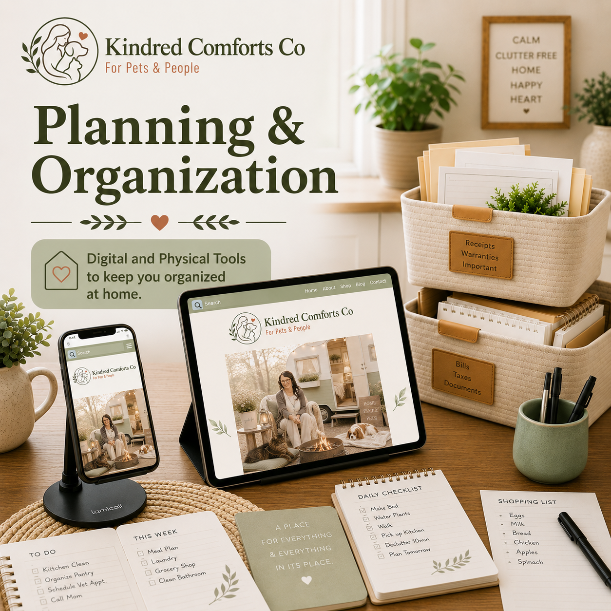 Planning & Organization at Kindred Comforts Co. featuring digital and physical home organization tools, labeled storage baskets, planners, checklists, smartphone, and iPad displaying the Kindred Comforts website.
