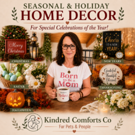 Seasonal and holiday home décor collage featuring Christmas, Easter, Halloween, Thanksgiving, and New Year's decorations surrounding Rosemary at the center holding a mug. The image includes the Kindred Comforts Co. logo and promotes decorating for special celebrations throughout the year.