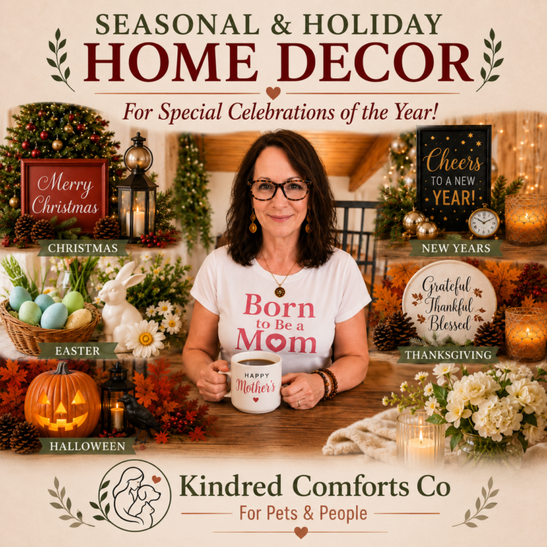 Seasonal and holiday home décor collage featuring Christmas, Easter, Halloween, Thanksgiving, and New Year's decorations surrounding Rosemary at the center holding a mug. The image includes the Kindred Comforts Co. logo and promotes decorating for special celebrations throughout the year.