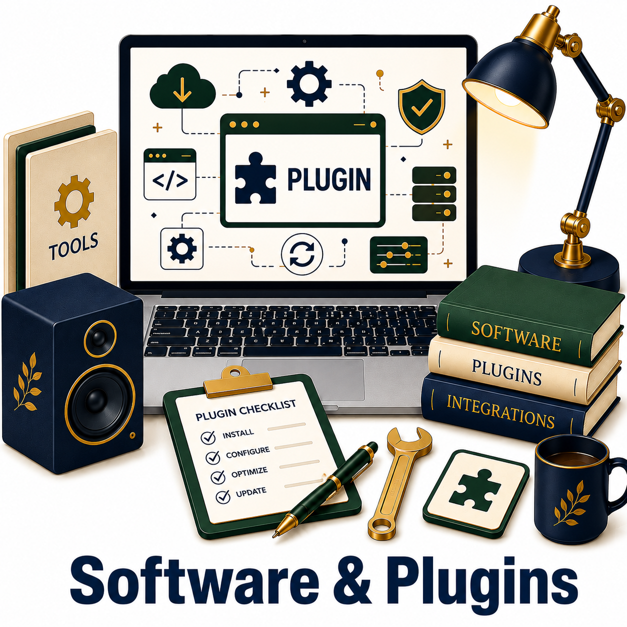 Software & Plugins digital resources graphic featuring a laptop displaying plugin management software, coding tools, cloud services, security features, and system integrations. Surrounding items include software books, a plugin checklist clipboard, desktop speaker, wrench, plugin icon tile, coffee mug, and desk lamp. Bold navy title "Software & Plugins" appears at the bottom.