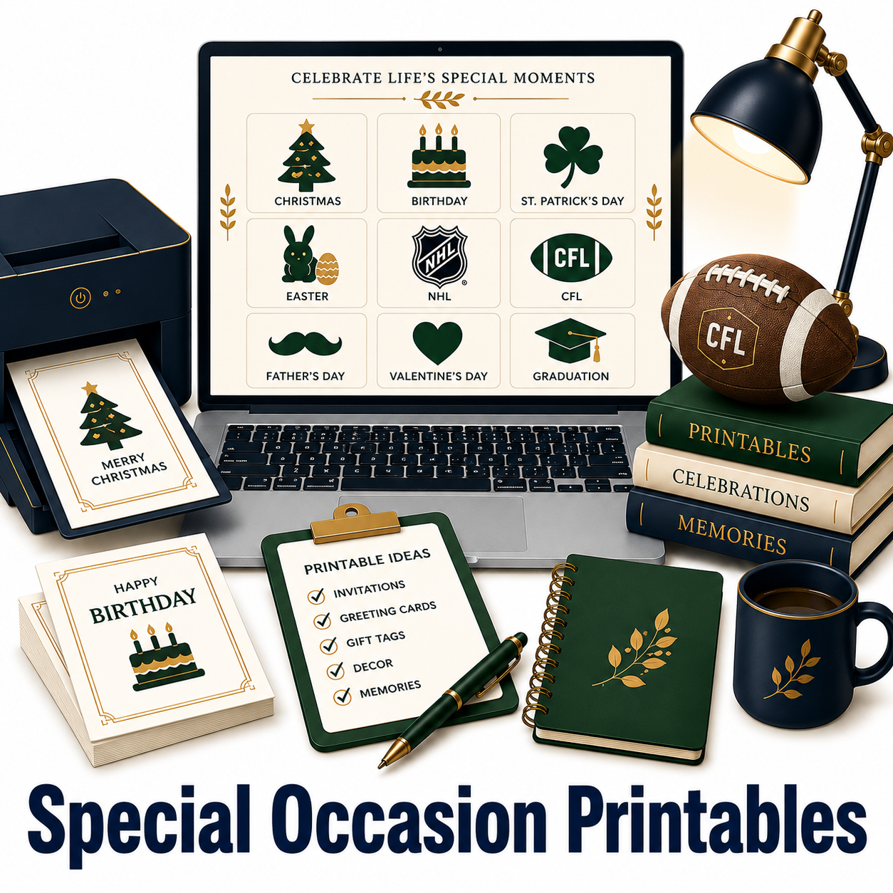 Special Occasion Printables collection graphic featuring a laptop displaying holiday and celebration printables, including Christmas, Easter, birthdays, graduation, Valentine’s Day, St. Patrick’s Day, NHL, CFL, and Father’s Day themes. Surrounding items include printable greeting cards, a checklist clipboard, notebook, coffee mug, football, books, desk lamp, and printer. Bold navy title "Special Occasion Printables" appears at the bottom.