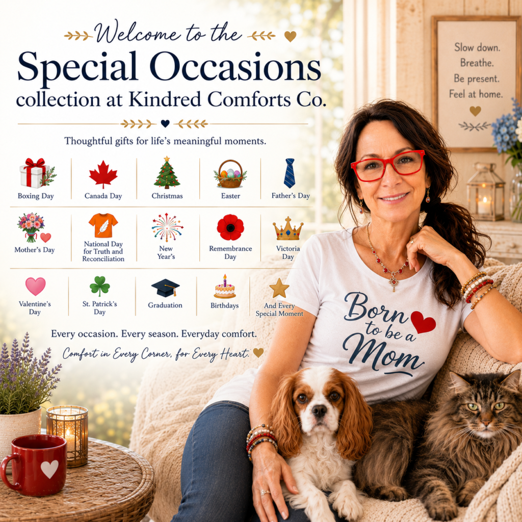 Welcome to the Special Occasions collection at Kindred Comforts Co. featuring a woman in a Born to be a Mom T-shirt with bright red glasses, side ponytail, dog and cat, alongside holiday and celebration icons including Christmas, Easter, Canada Day, Mother’s Day, Father’s Day, Remembrance Day, New Year’s, Victoria Day, and National Day for Truth and Reconciliation in a warm, cozy home setting.