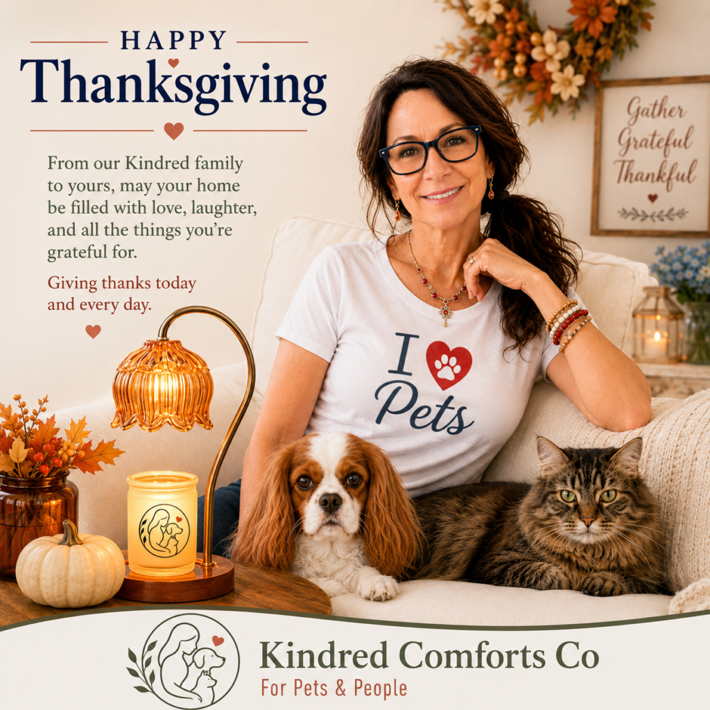 Woman wearing navy blue glasses and an "I Love Pets" T-shirt relaxing on a cream sofa with a Blenheim Cavalier King Charles Spaniel and a dark brown Norwegian Forest cat during Thanksgiving. An amber table lamp illuminates a Kindred Comforts candle, surrounded by autumn décor, pumpkins, and warm seasonal accents.