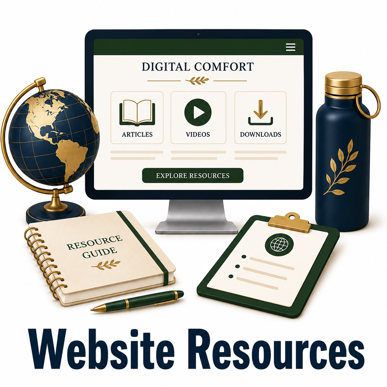 Website Resources digital collection graphic featuring a desktop computer displaying a Digital Comfort website with articles, videos, and downloadable resources. Surrounding items include a world globe, resource guide notebook, clipboard, water bottle, and pen. Bold navy title "Website Resources" appears at the bottom.