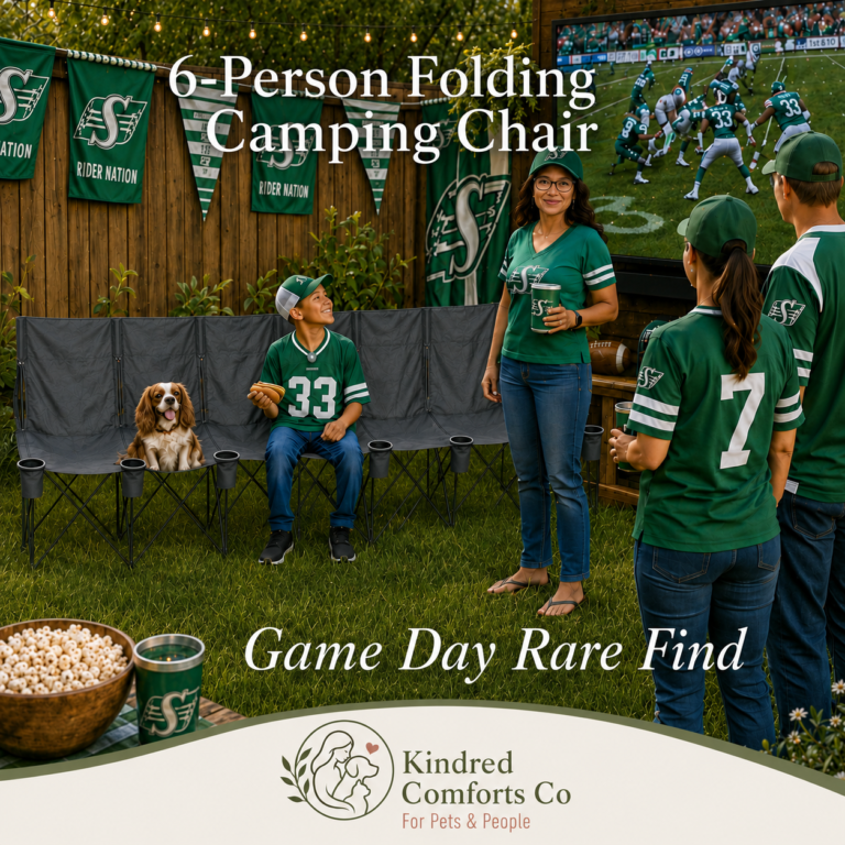 Six-person grey folding camping chair at an outdoor Saskatchewan football watch party with a boy, dog and fans wearing green Rider gear.