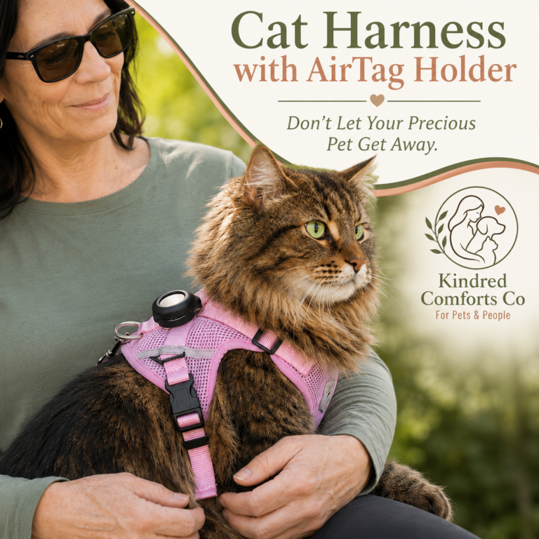 Molly, a fluffy brown Norwegian Forest cat, wearing a pink cat harness with an AirTag holder while sitting on Rosemary’s lap outdoors.