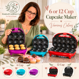 Kindred Comforts Co. 6- and 12-cup cupcake makers in multiple colors displayed in a bright kitchen with freshly baked cupcakes.