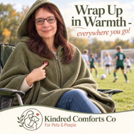 Woman wearing a sage green heated shawl with the hood up, pressing its glowing red power button while seated at a youth soccer game.