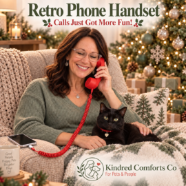 Smiling woman using a red retro phone handset beside a Christmas tree with her black cat, Pebbles, resting on her lap.