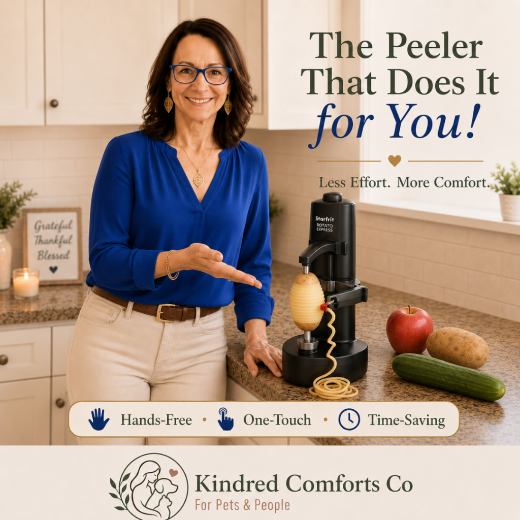 Woman in a royal-blue top demonstrates an automatic electric peeler with a potato, apple and cucumber on her kitchen counter.