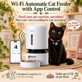 Pebbles the black cat sitting beside a PETLIBRO Wi-Fi automatic cat feeder with app control, voice recording and a 5 lb food capacity.