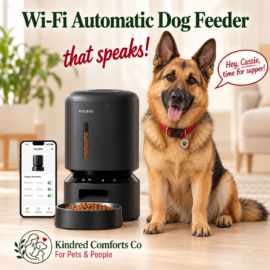 Black Wi-Fi automatic dog feeder with app control beside Cassie, a light-faced German Shepherd, featuring voice recording and scheduled meals.