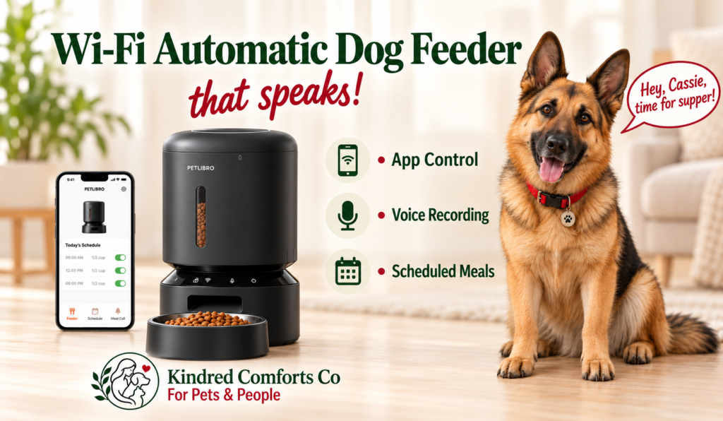 Black Wi-Fi automatic dog feeder with app control beside Cassie, a light-faced German Shepherd, featuring voice recording and scheduled meals.