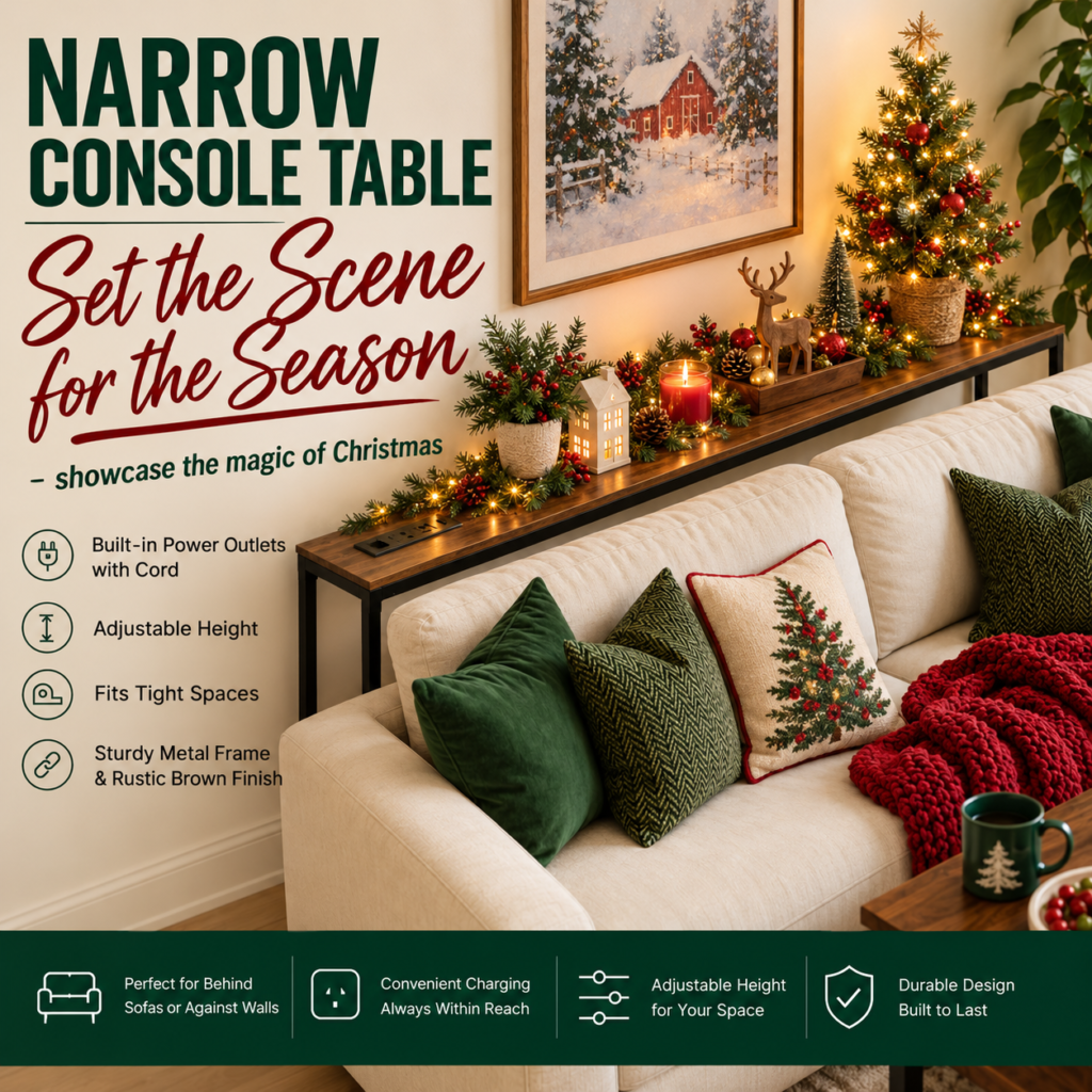 Narrow rustic brown console table behind a cream sofa, decorated with a lit tabletop Christmas tree, festive garland, glowing candle, miniature Christmas house, and holiday ornaments. Features built-in power outlets and adjustable height.